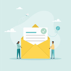 The characters target the audience, send out sales letters and promotional offers, and analyze marketing data. Business concept. Vector illustration
