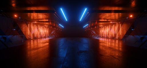 Sci Fi Futuristic Cyberpunk Alien Corridor Tunnel Stage Garage Showroom Cement Podium Realistic Neon Laser Bunker Blue Orange Lights Studio 3D Rendering