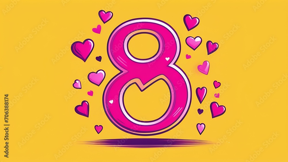 Poster the number eight is pink with hearts on a yellow background with a place to insert text. the concept of a greeting card for March 8th