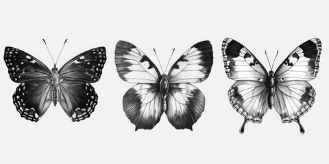 Naklejka premium Three black and white butterflies on a white background. Suitable for nature-themed designs and projects