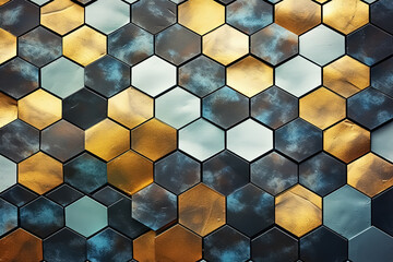 abstract geometric hexagon pattern background in golden and blue colors. Generative Ai