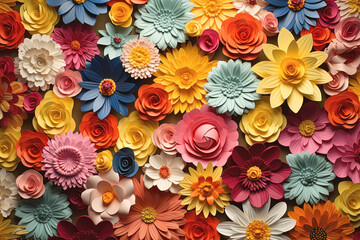Fototapeta na wymiar Colorful flowers background, top view. Generative Ai