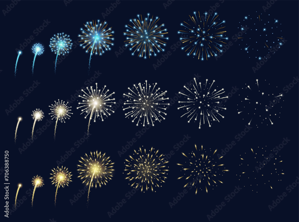 Poster pyrotechnics and fireworks realistic animation with glitter and lights at night sky. vector festivit