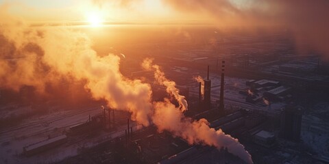 An industrial factory emitting smoke from its stacks. This image can be used to depict industrialization, pollution, manufacturing, or environmental impact