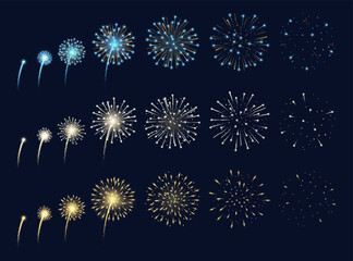 Pyrotechnics and fireworks realistic animation with glitter and lights at night sky. Vector festivity and holiday celebration, sparkling glowing effect for party or festive event. Festival shining
