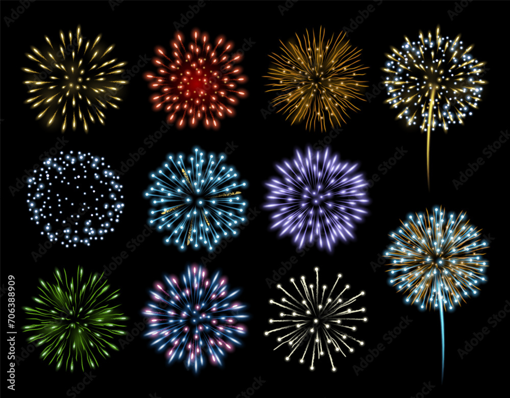 Poster Fireworks and pyrotechnics at night sky, glowing and bursting colorful light. Vector isolated composition of sparkles and glitters, bright performance for holiday, festival or party celebration
