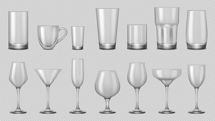 Empty realistic glass for coffee, cocktail or water. Vector isolated set of cups for alcohol and tea. Glassware for wine and martini, whiskey and vodka shot. Transparent background serving mugs