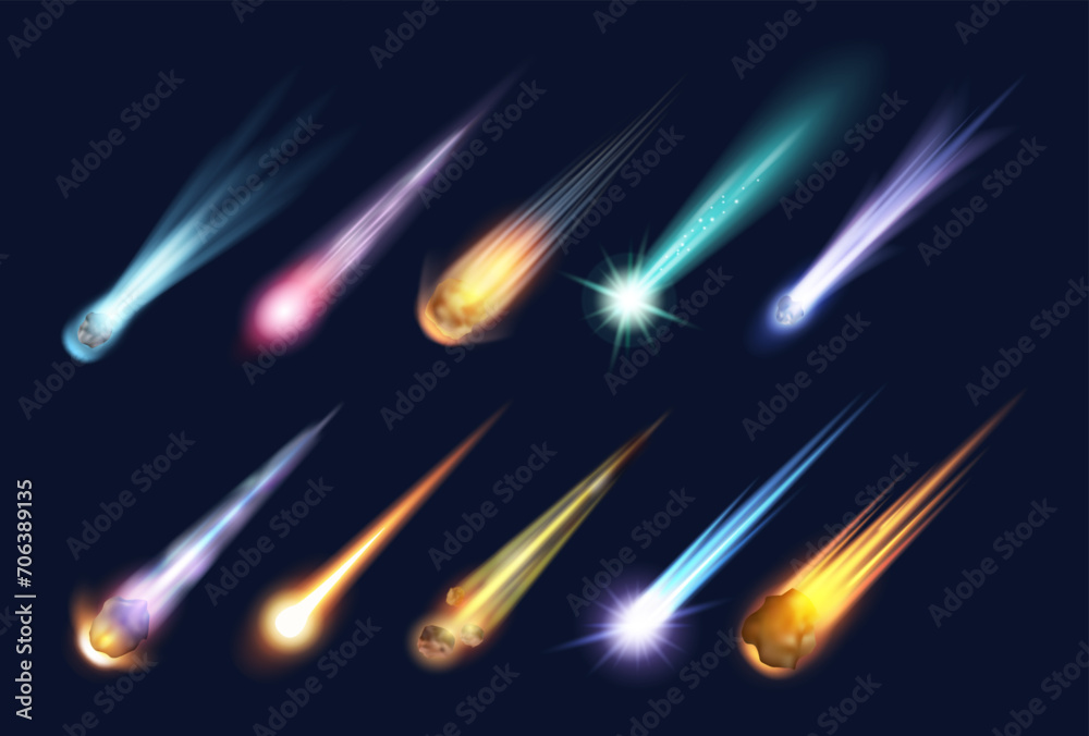 Poster flying fireball or meteor with fire neon light trail. vector isolated realistic comet with tail of f