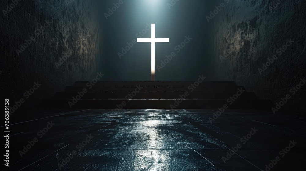 Poster a cross in the middle of a dark room. suitable for religious themes and spiritual concepts
