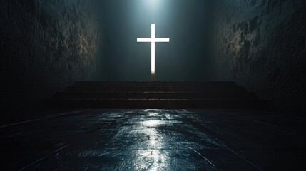 A cross in the middle of a dark room. Suitable for religious themes and spiritual concepts - obrazy, fototapety, plakaty