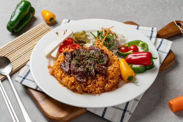 Kimchi fried rice, steak, Toshisal steak, fried rice, pork belly, Vienna, kimchi fried rice, carbonara, webfoot octopus, Fried shrimp. Fried shrimp