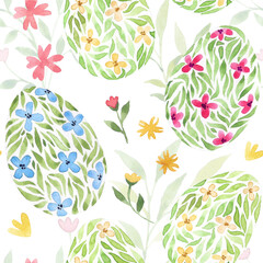 Materiał do szycia Watercolor seamless pattern with Easter eggs and botanical pattern. Happy Easter, eggs and cute flowers, holidays, vacations. Hand drawn print for design of gift wrapping, wrapping paper, background.