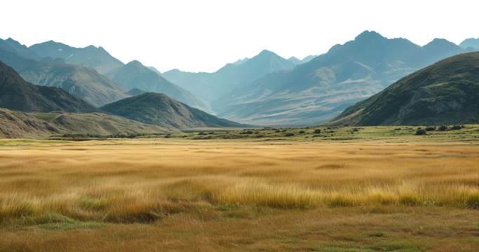 Large landscape with a distant mountain range on the horizon, cut out - stock png.