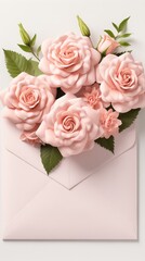 Blank love letter with flower bouquet on table