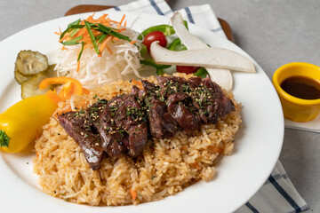 Kimchi fried rice, steak, Toshisal steak, fried rice, pork belly, Vienna, kimchi fried rice, carbonara, webfoot octopus, Fried shrimp. Fried shrimp