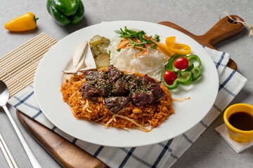 Kimchi fried rice, steak, Toshisal steak, fried rice, pork belly, Vienna, kimchi fried rice, carbonara, webfoot octopus, Fried shrimp. Fried shrimp