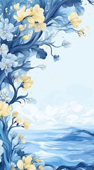 Greeting card holiday background with blue floral ornamental boarder