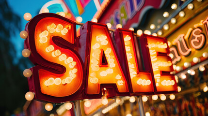 A vibrant "SALE" sign with glowing light bulbs set against the evening sky, suggesting a funfair or carnival atmosphere.
