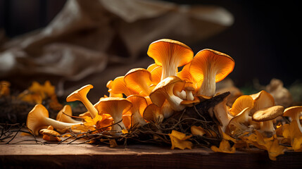 Macro of chanterelles mushrooms, vegan and healthy food, plant-based alternative proteins. Generative AI - obrazy, fototapety, plakaty