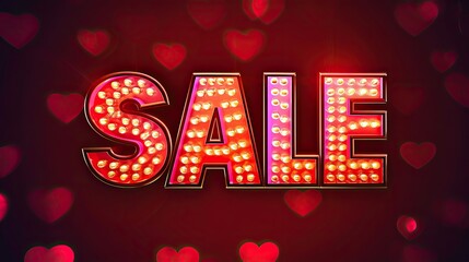 The word "SALE" in bright red and illuminated by light bulbs stands out against a dark Valentine's Day backdrop filled with glowing hearts.