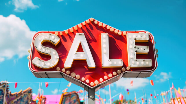 The word "SALE" in a large red arrow sign in a festival with white light bulbs, set against a clear blue sky with carnival tents in the background.