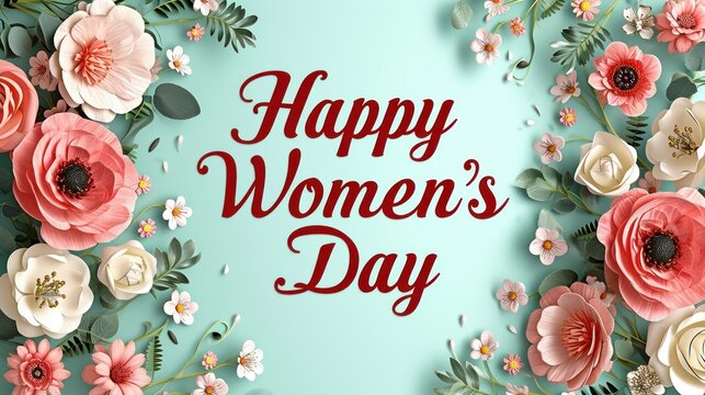 banner with flowers and a card with congratulations and an inscription for Happy Women's Day. concept March 8, spring, women's day, cards