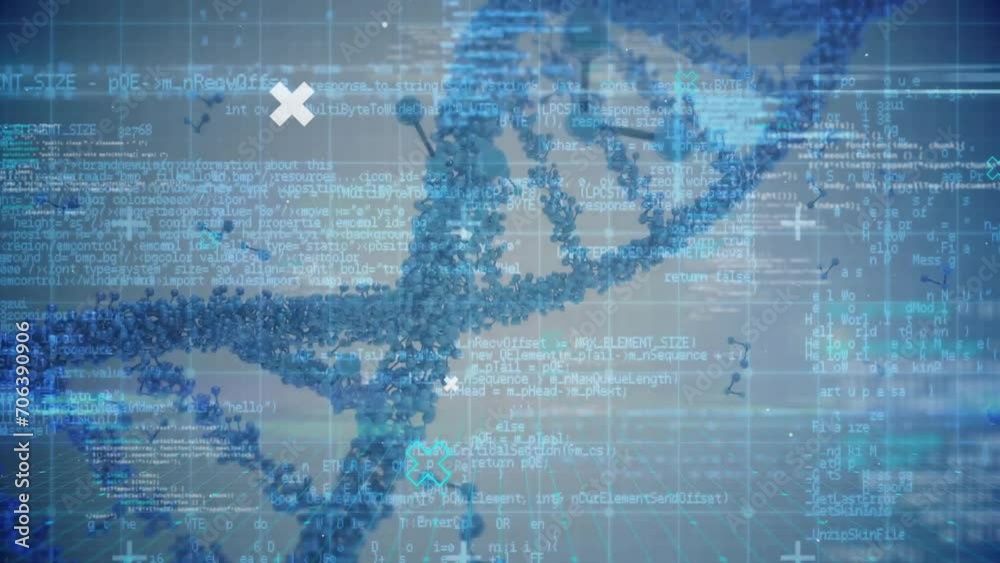 Poster animation of data processing over dna chain on dark background