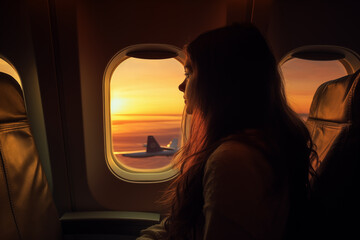 a girl looking out the airplane window