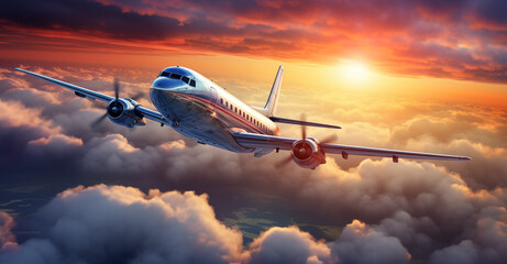 A passenger plane flies above the clouds and the setting sun