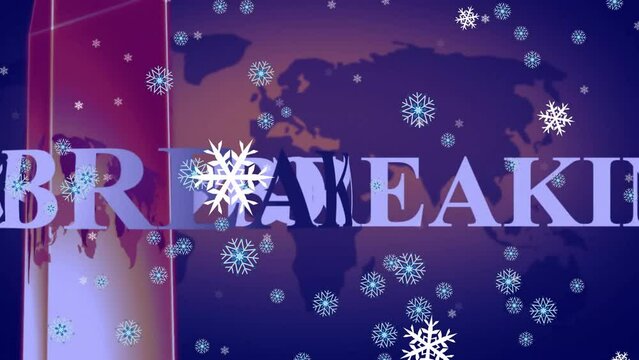 Animation of falling snowflakes and breaking news text over continents on purple background