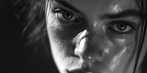 A black and white photo capturing the face of a woman