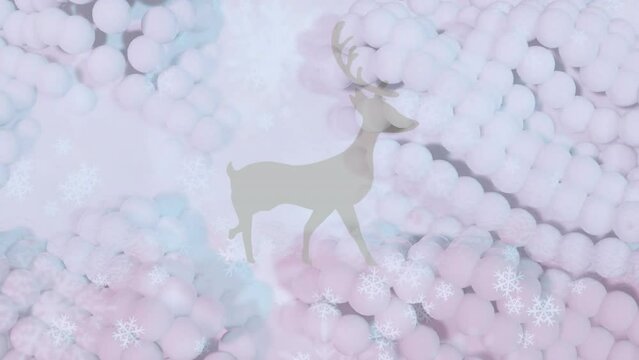 Animation of falling snowflakes and walking deer over moving white balls