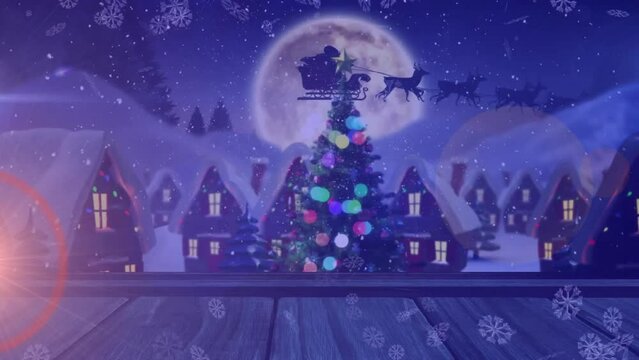 Animation of falling snowflakes over christmas village on purple background