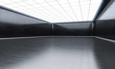 Modern empty open space with lights on top. Showroom hall and black wall.  3D rendering
