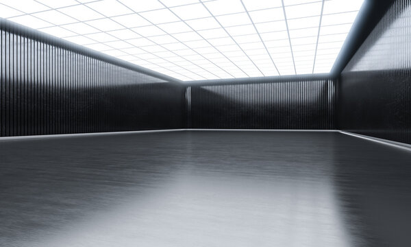 Modern empty open space with lights on top. Showroom hall and black wall.  3D rendering