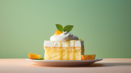 Pastel de Tres Leches - traditional Mexican dessert, Three milks cake, authentic taste, at the restaurant. Mint or olive backdrop. Minimalism photo. Generative AI