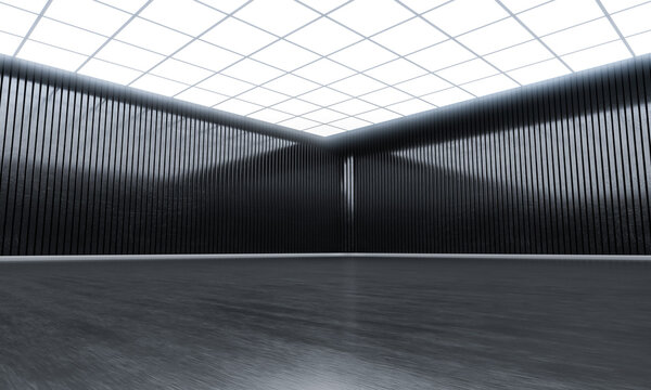 Modern empty open space with lights on top. Showroom hall and black wall.  3D rendering