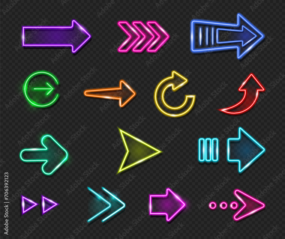 Aufkleber Neon arrows with glowing effect showing right and up. Vector isolated shiny pointers and circles, illuminating indicators for casinos or nightclubs, bar or motels, bright pointing element design