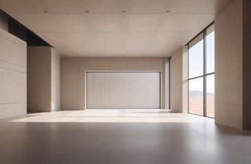 Empty room with grey walls, concrete floor and sunlight, simple minimalist interior architecture.