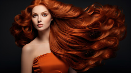 Naklejka premium Elegant female model with long flowing red hair and flawless skin.