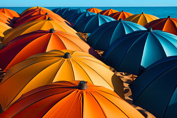 Fototapeta na wymiar Colorful bright beach umbrellas on the beach at the hotel. A swimming area in the sea equipped with beach umbrellas that protect from sunburn. The concept of a beach holiday and protection from solar 