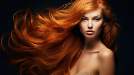 Fototapeta premium Stunning Woman with Vibrant Flowing Red Hair Studio Shot