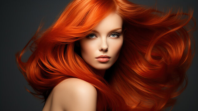 Elegant female model with long flowing red hair and flawless skin.