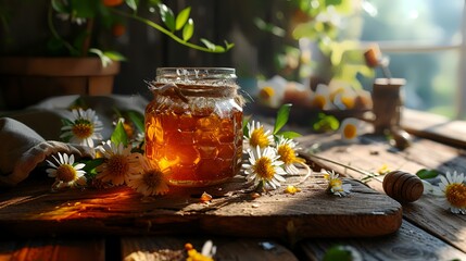 A jar of honey with chamomile flowers on a wooden table