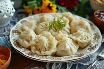 A plate of manty, Kazakh dumplings filled with savory meat and vegetables