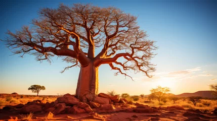 Rolgordijnen Close-up of a baobab tree against a desert background. Scorching heat, sunshine. Desert landscape. Generative AI © AngrySun