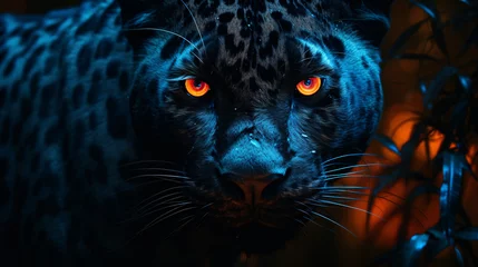 Foto op Plexiglas Portrait of a black jaguar with blue eyes under lights © Possibility Pages