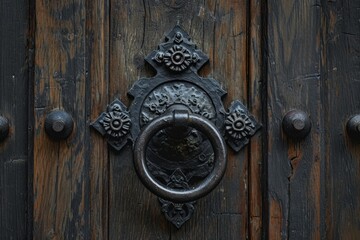 A blackened iron door knocker on a dark oak door