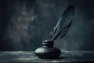 A single black feather quill in a dark inkwell