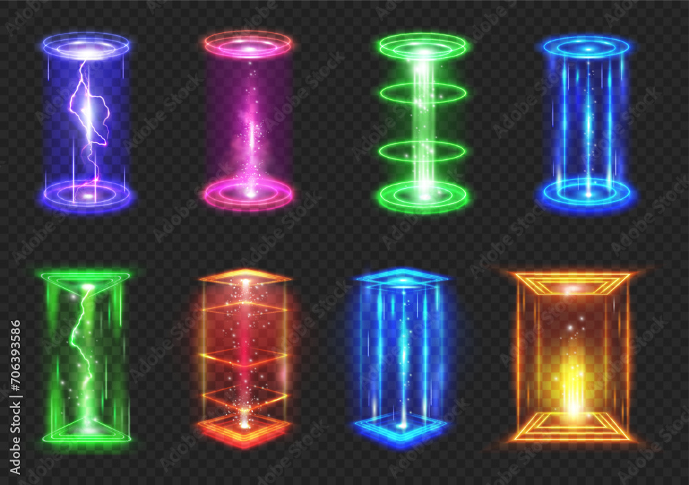 Aufkleber Square and round holographic gate glowing. Vector isolated futuristic game neon portals for traveling and teleporting. Platforms with sparkles and illumination effect, cyber space and VR